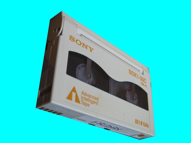 A Sony SDX1-35C tape that was used to store Quark and Image files from an Apple Mac. The tape was used with Retrospect to backup data from an Apple Mac running OS9 and OSX and needed the files to be restored to hard drive. 