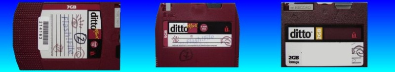 The picture shows Ditto and DittoMax Tapes ready for transfer. Some of the tape catridges use the Iomega FlashFile logo. 