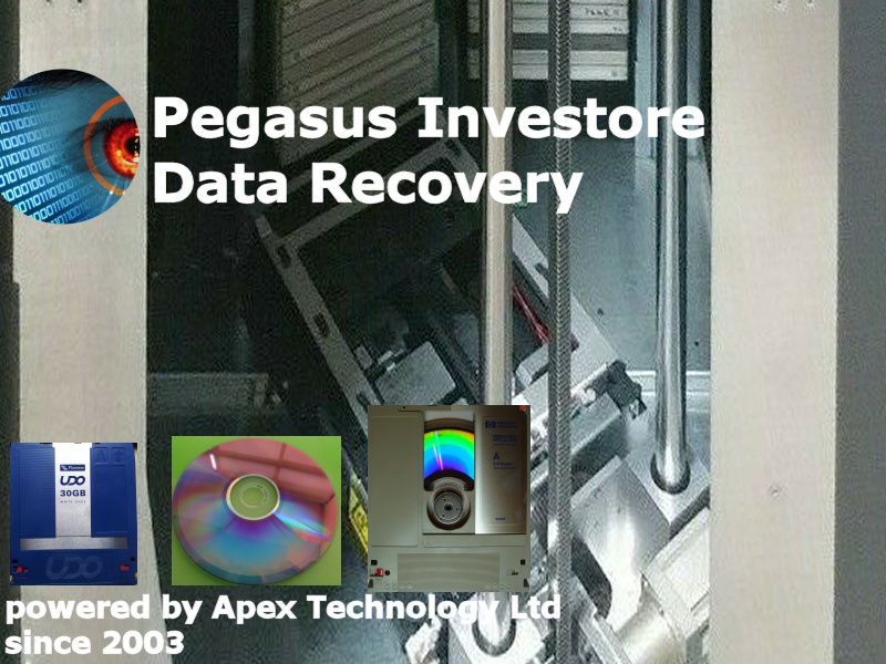 The inside of a Disk Library used by Pegasus Investore to store data on DVD, MO or UDO optical disks. The Jukebox is controlled by the Pegasus Investore HD software to create a WORM filesystem. Disks shown ware MO, UDO, DVD, DVD-RAM which are used to store the archive files. 