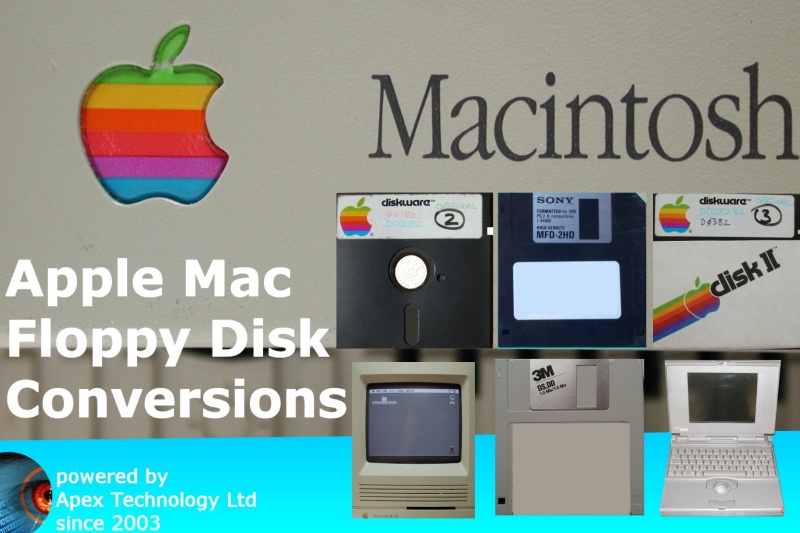 Apple Mac Floppy disk conversions including Macintosh 3.5 and 5.25 inch discs.