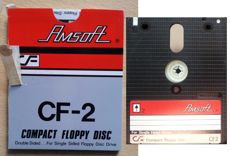 A CF2 floppy disk made by Amsoft is pictured along with it's cardboard outer sleeve. The disc is awaiting a forensic disk image or sector by sector bit by bit exact copy to be made, and have it's files extracted.
