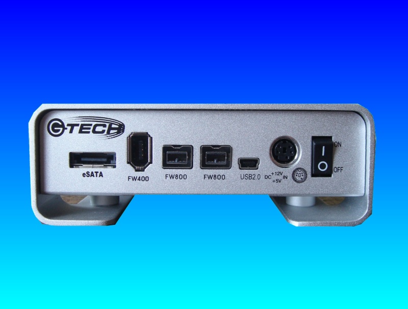 A G-Tech G-Drive showing its Firewire, USB and ESata ports.