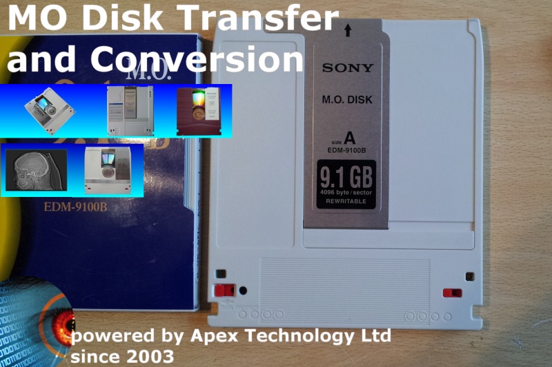 Pictured is a Sony MO disk with 9.1gb capacity, along with so smaller images of Magneto Optical disks.