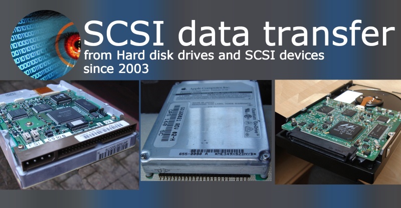 a set of 3 scsi disks ready for transferring files to a USB drive, CD or data dvd. One drive is a 50 pin scsi, the next is a 40pin scsi disk as found in Apple Mac powerbooks and laptops, and the last is a SCA 80 pin connector which includes power and data and used Ultra 160 system. There is also a 68 pin scsi connector not shown here.