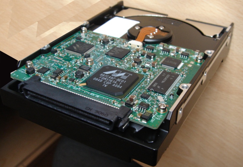 A 3.5 inch SCSI hard disk with it's 80 pin SCA connector facing the camera. The connector transmits data and power, and is awaiting file transfer in our lab. This particular drive came from a server and was used in a raid array with 3 other drives.We extracted the data to a USB drive.