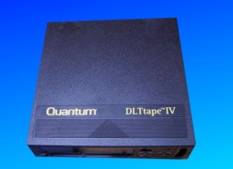 A DLT 4 tape (also known as DLT IV) made by Quantum from a Mac that used Retrospect software to back files up. This one now awaiting files transferred back to hard drive.